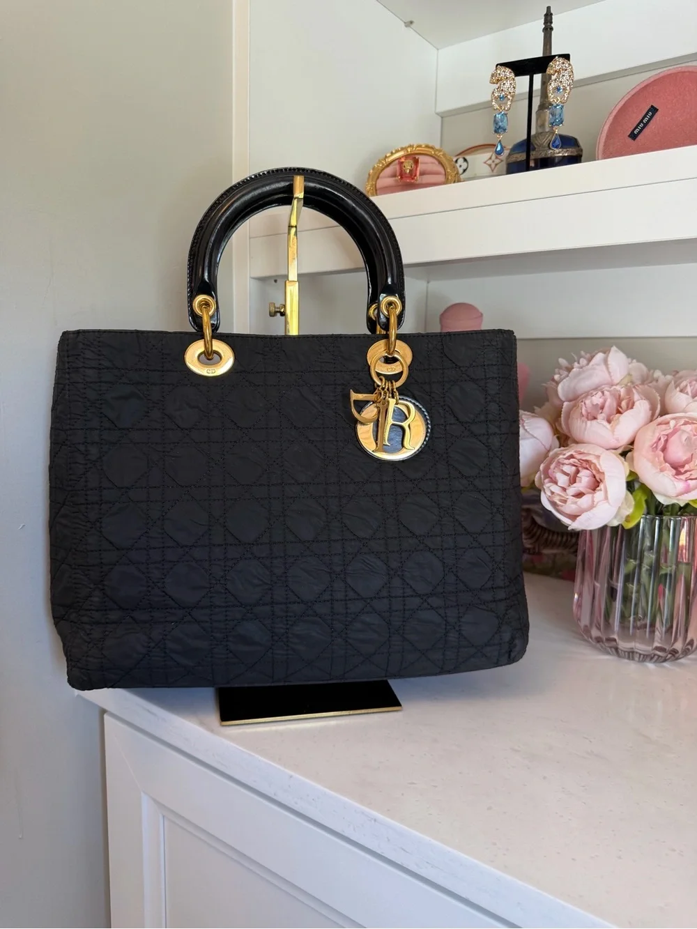 Dior Black Quilted Lady Dior Cannage Satchel Tote Bag gold Dior charm